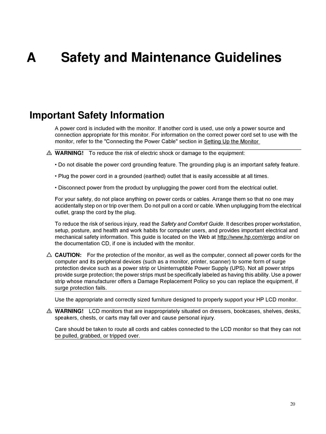 HP S2231/S2231A, S2031/S2031A, S2331/S2331A manual Safety and Maintenance Guidelines, Important Safety Information 