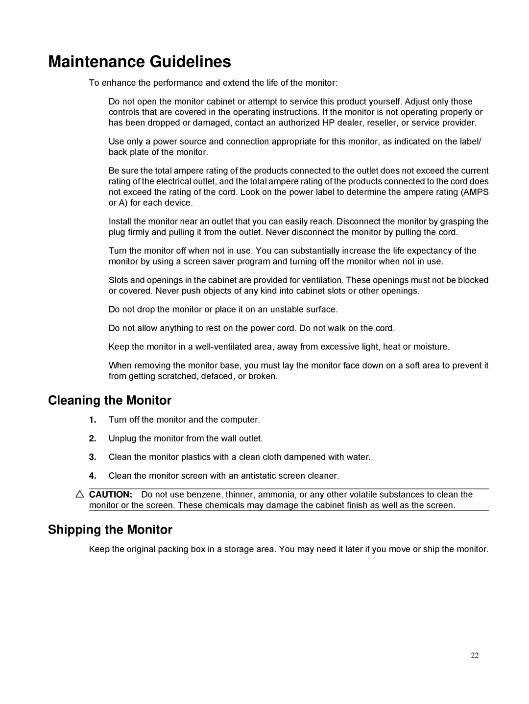 HP S2031/S2031A, S2231/S2231A, S2331/S2331A manual Maintenance Guidelines, Cleaning the Monitor, Shipping the Monitor 