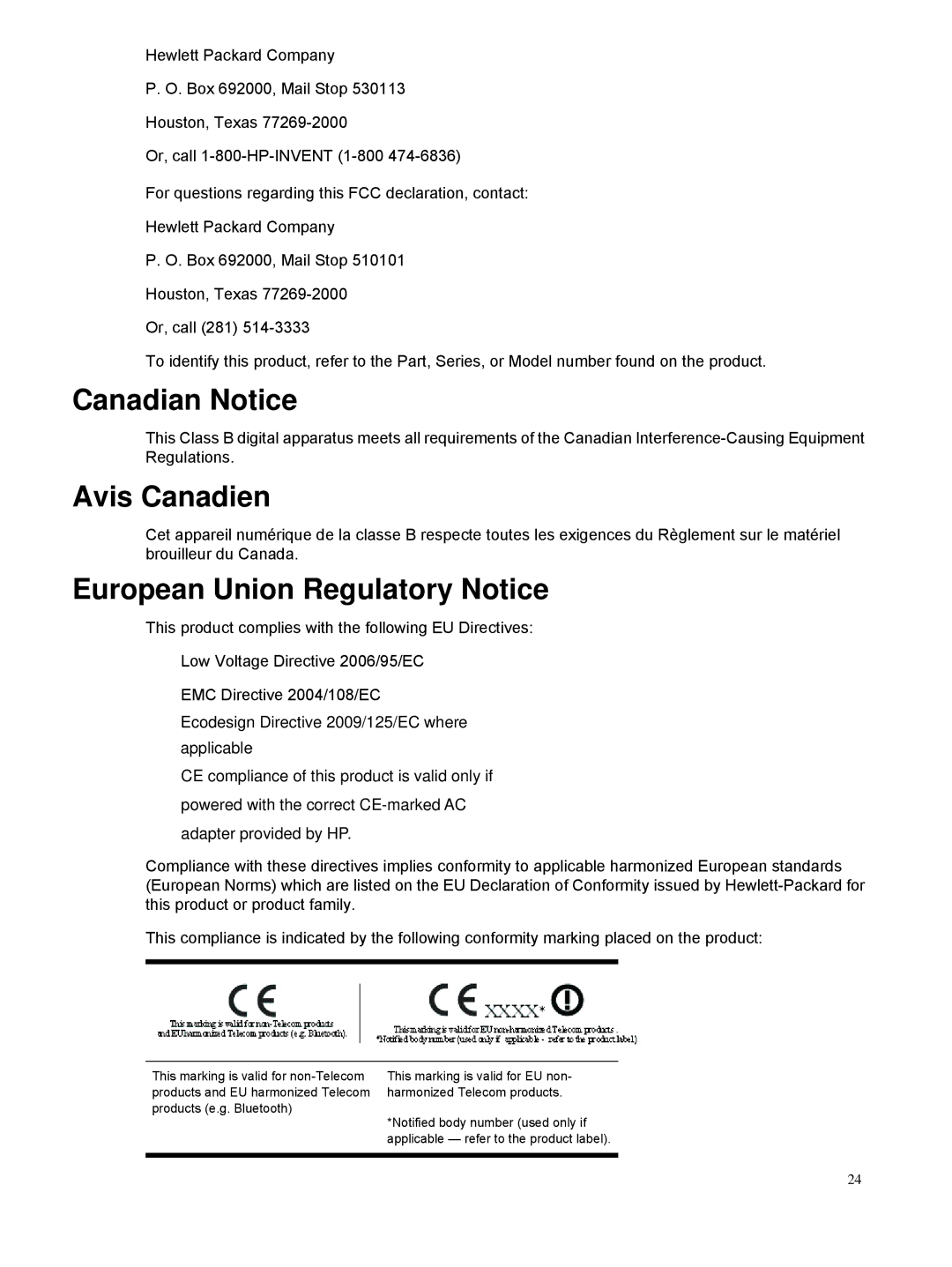 HP S2331/S2331A, S2031/S2031A, S2231/S2231A manual Canadian Notice, Avis Canadien, European Union Regulatory Notice 