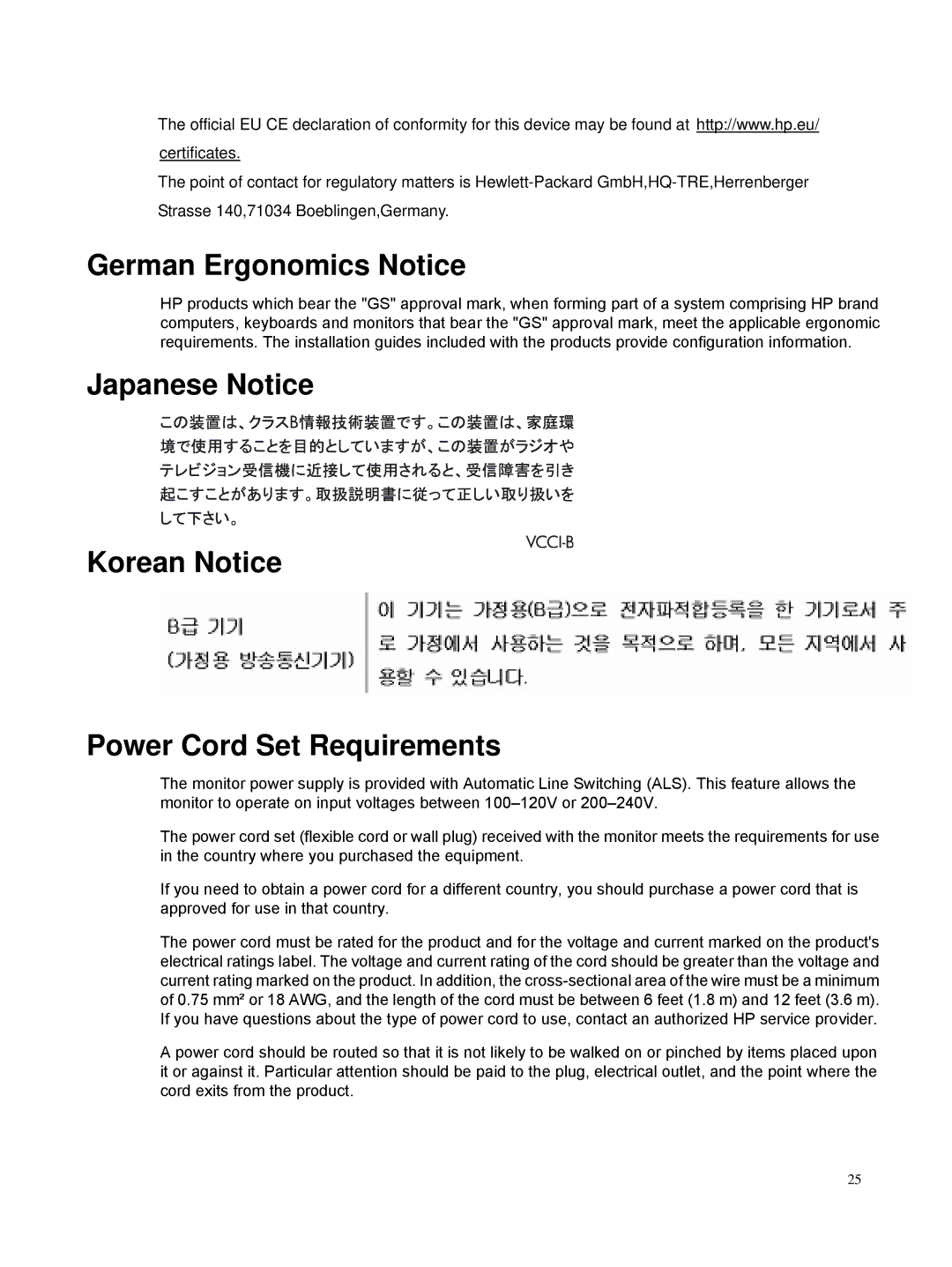 HP S2031/S2031A, S2231/S2231A manual German Ergonomics Notice, Japanese Notice Korean Notice Power Cord Set Requirements 