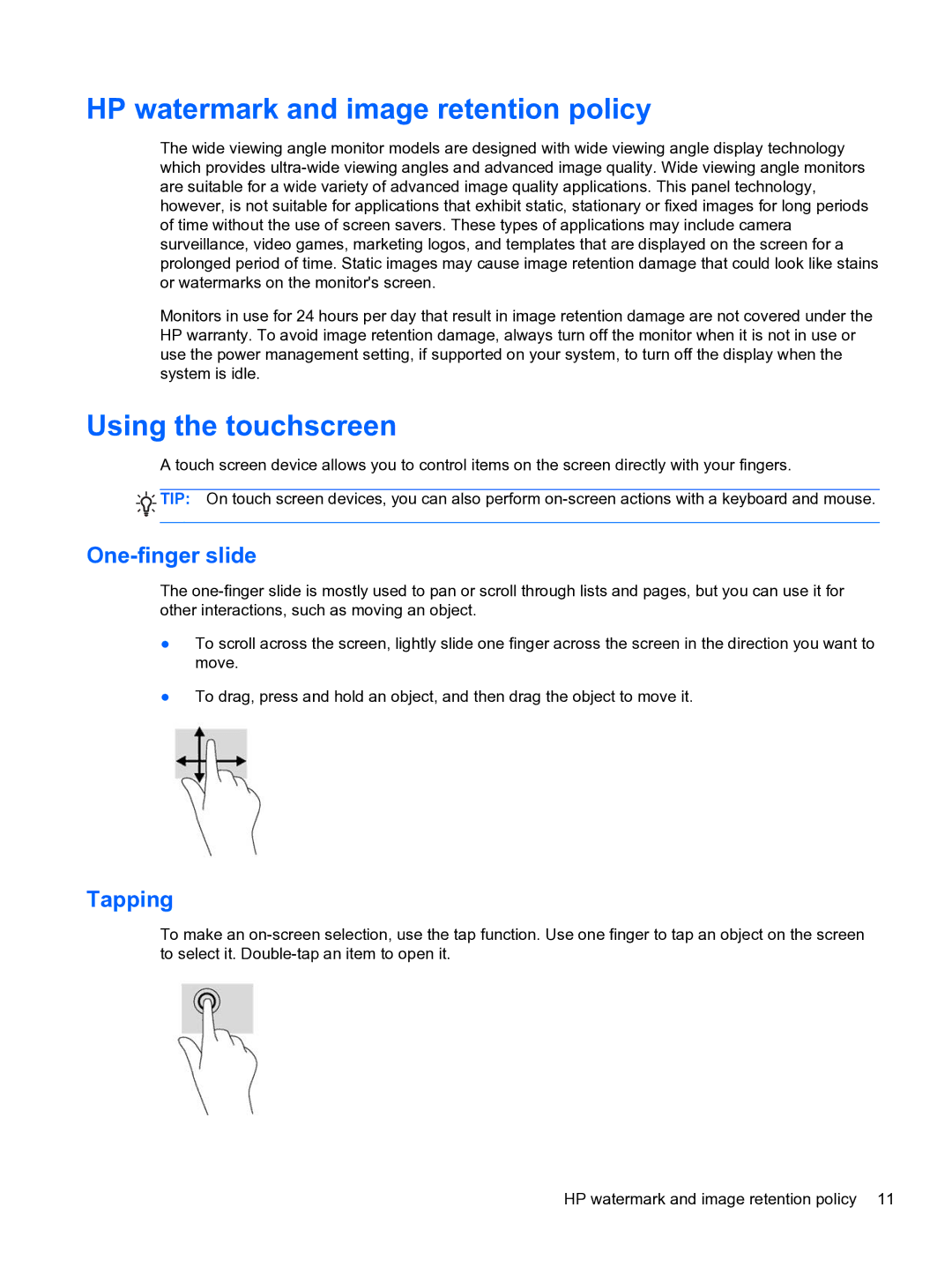 HP S230tm Touch manual HP watermark and image retention policy, Using the touchscreen, One-finger slide, Tapping 