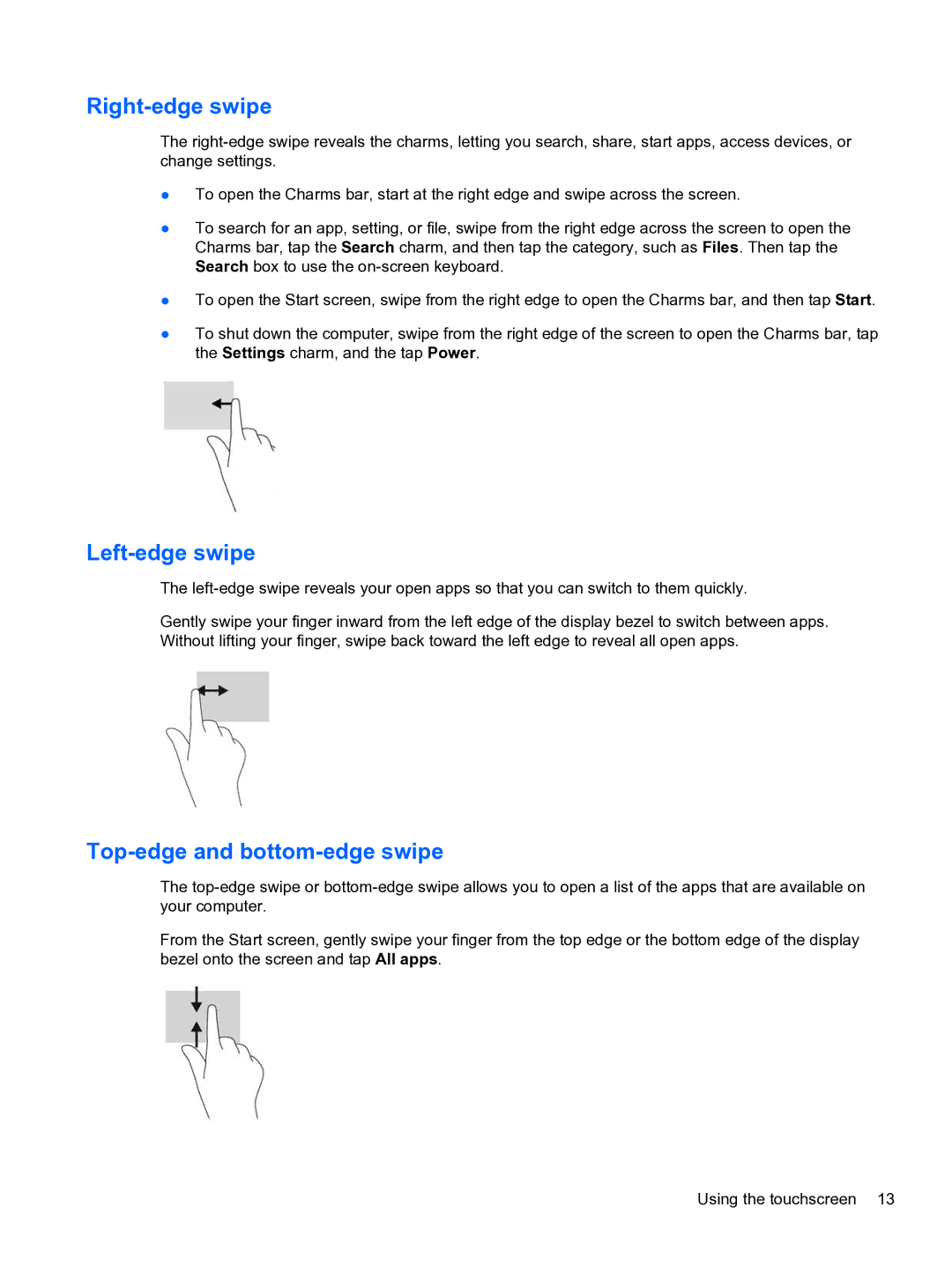 HP S230tm Touch manual Right-edge swipe, Left-edge swipe, Top-edge and bottom-edge swipe 