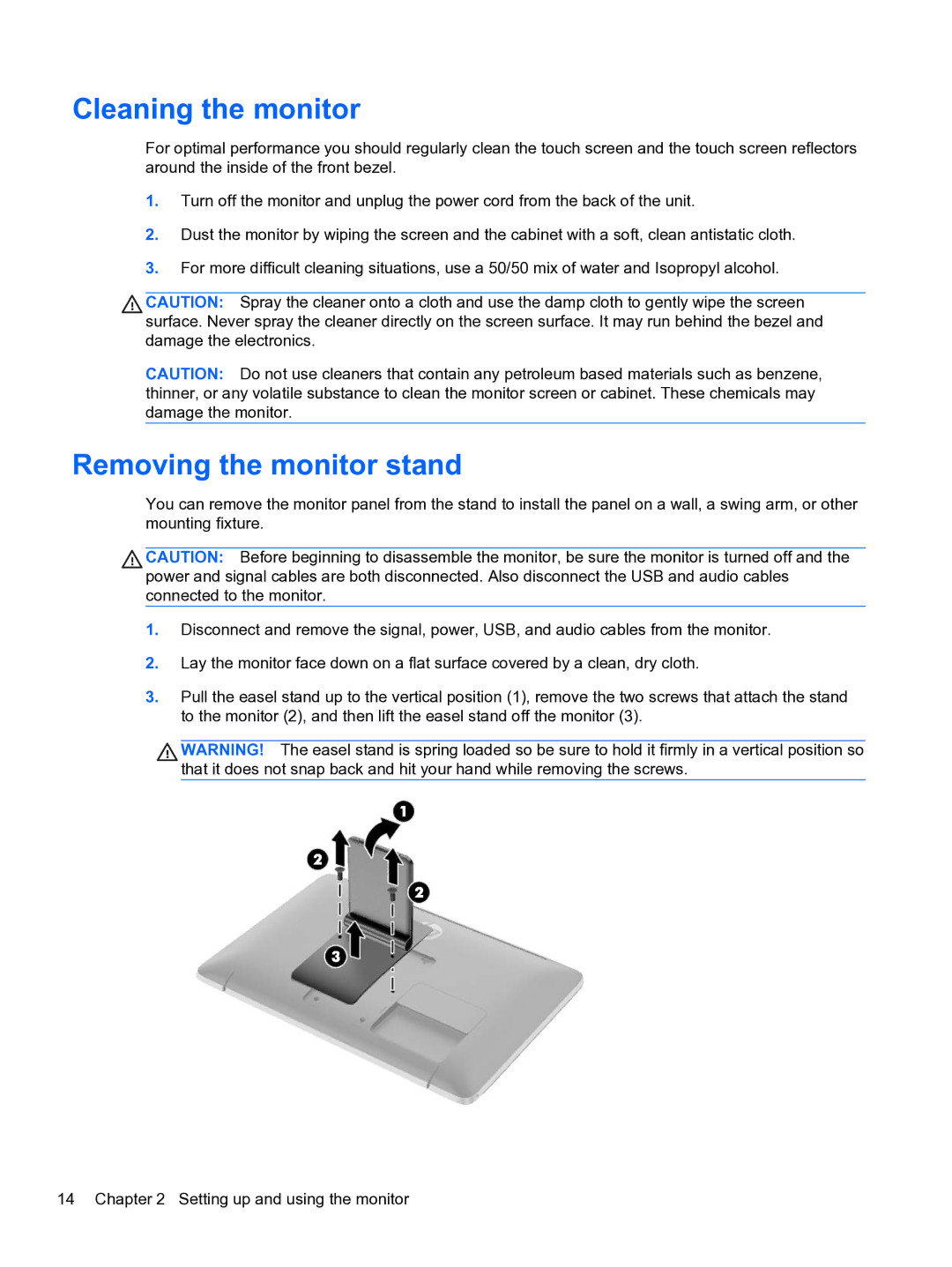 HP S230tm Touch manual Cleaning the monitor, Removing the monitor stand 