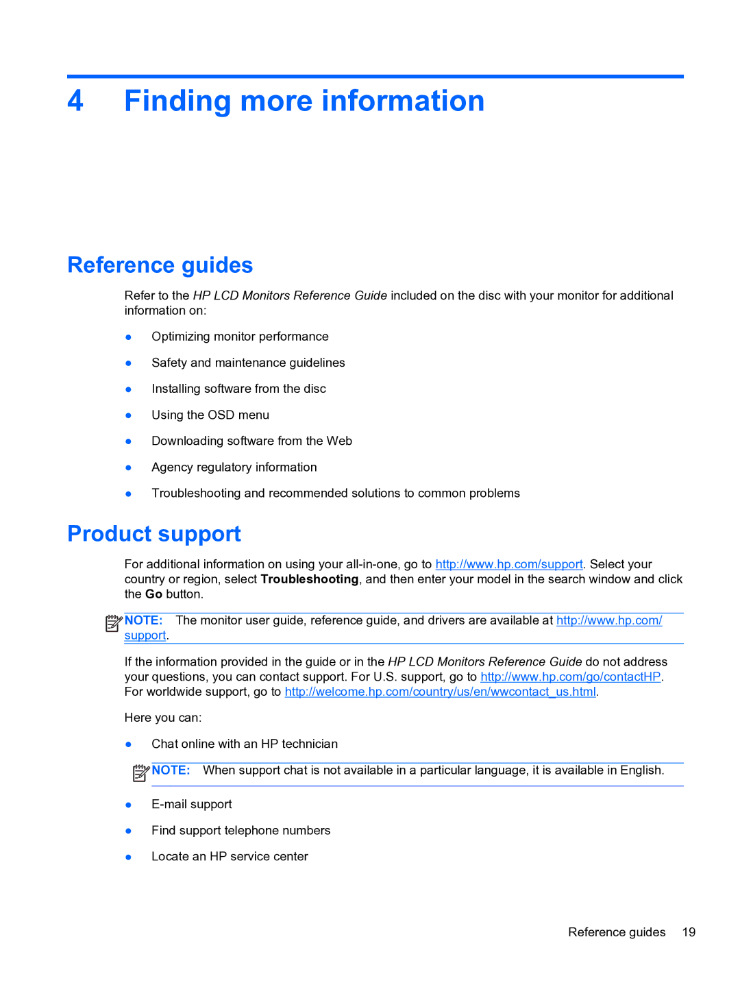 HP S230tm Touch manual Finding more information, Reference guides, Product support 