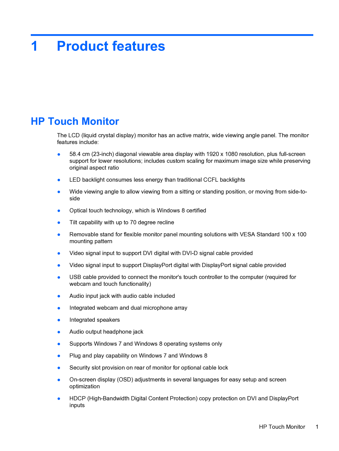 HP S230tm Touch manual Product features, HP Touch Monitor 