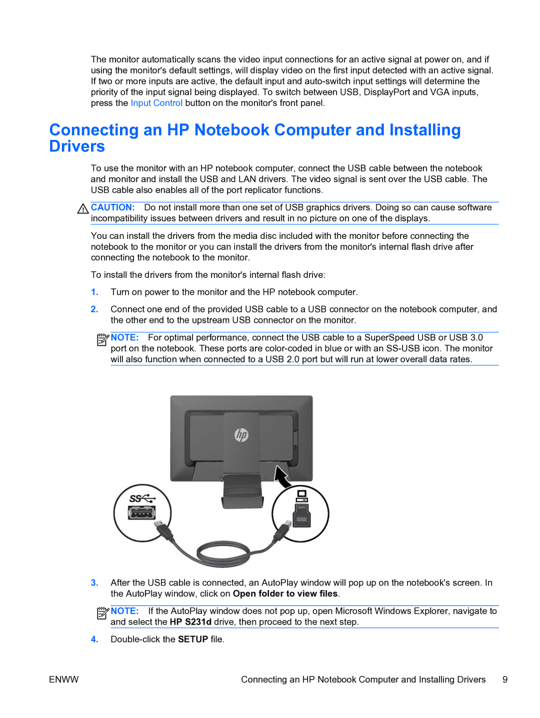 HP S231d 23-in IPS BLU Docking manual Connecting an HP Notebook Computer and Installing Drivers 