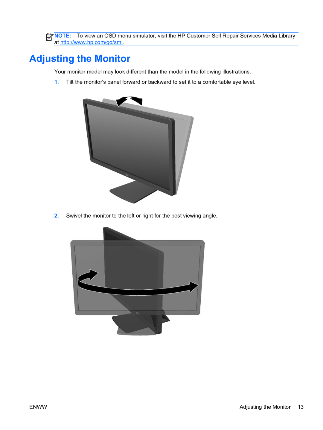 HP S231d 23-in IPS BLU Docking manual Adjusting the Monitor 