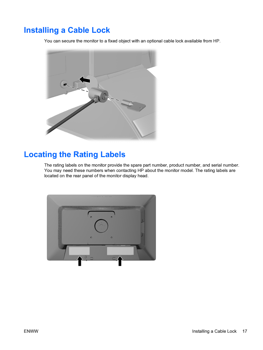 HP S231d 23-in IPS BLU Docking manual Installing a Cable Lock, Locating the Rating Labels 