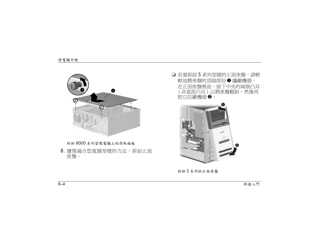 HP S3000AP, S3150AP, S3110AP, S3080AP, S3030AP, S3260AP, S3210AP, S3200AP manual 遵循適合您電腦型號的方法，拆卸正面 座盤。 