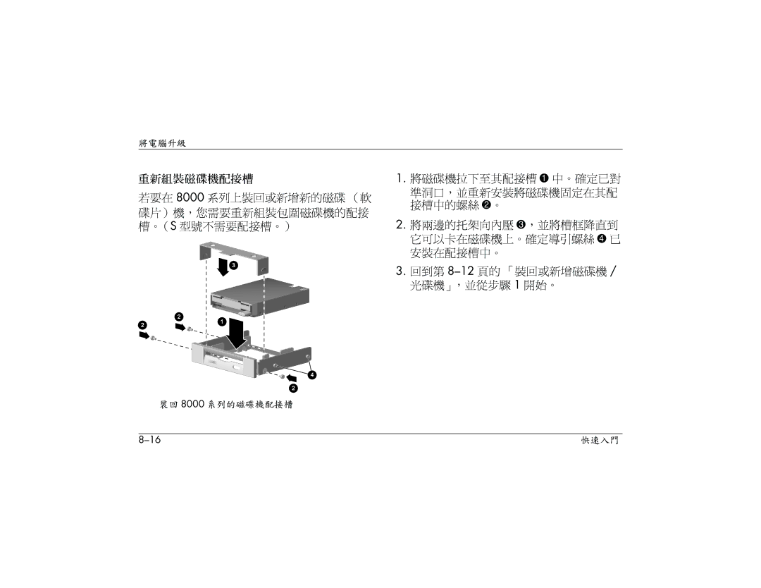 HP S3030AP, S3000AP, S3150AP, S3110AP, S3080AP, S3260AP, S3210AP, S3200AP manual 重新組裝磁碟機配接槽 