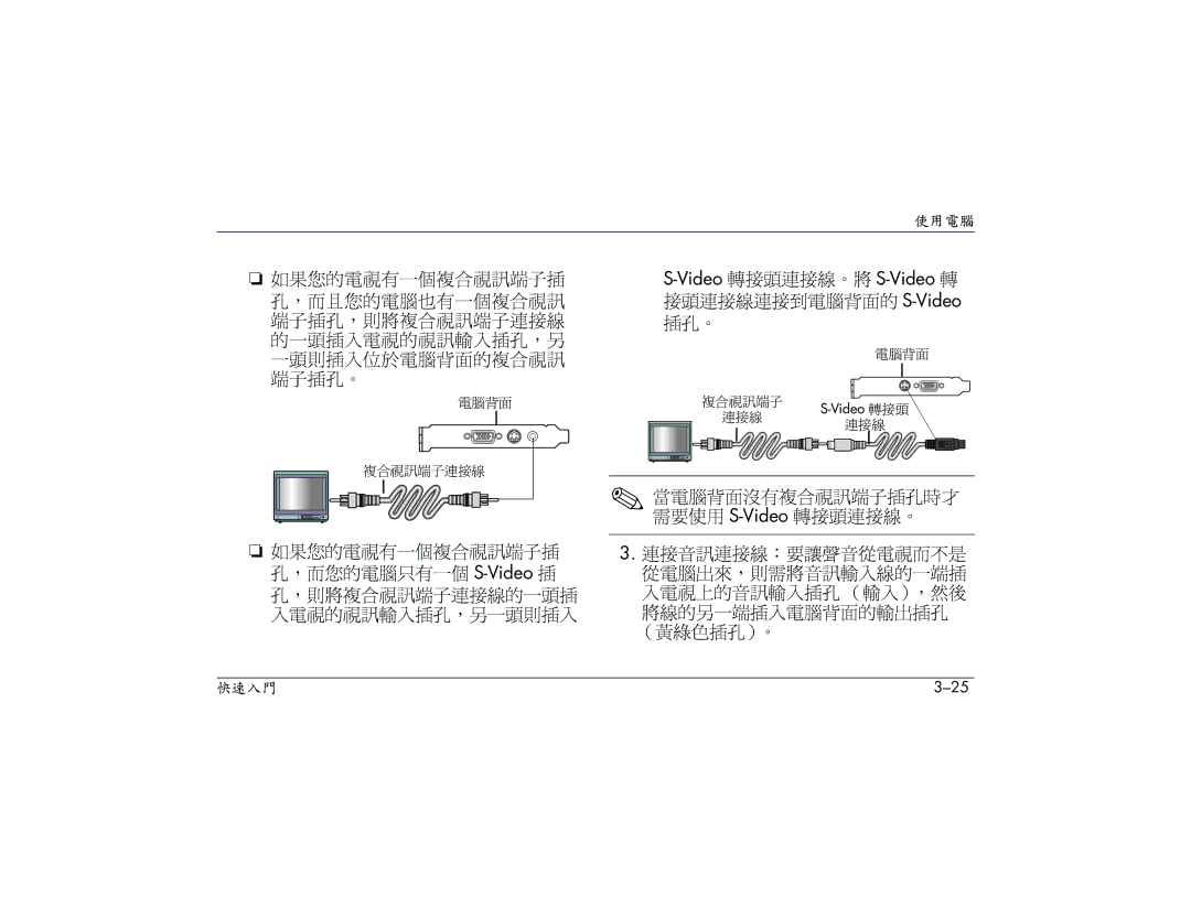 HP S3200AP, S3000AP, S3150AP, S3110AP, S3080AP, S3030AP, S3260AP, S3210AP manual 電腦背面 複合視訊端子連接線 