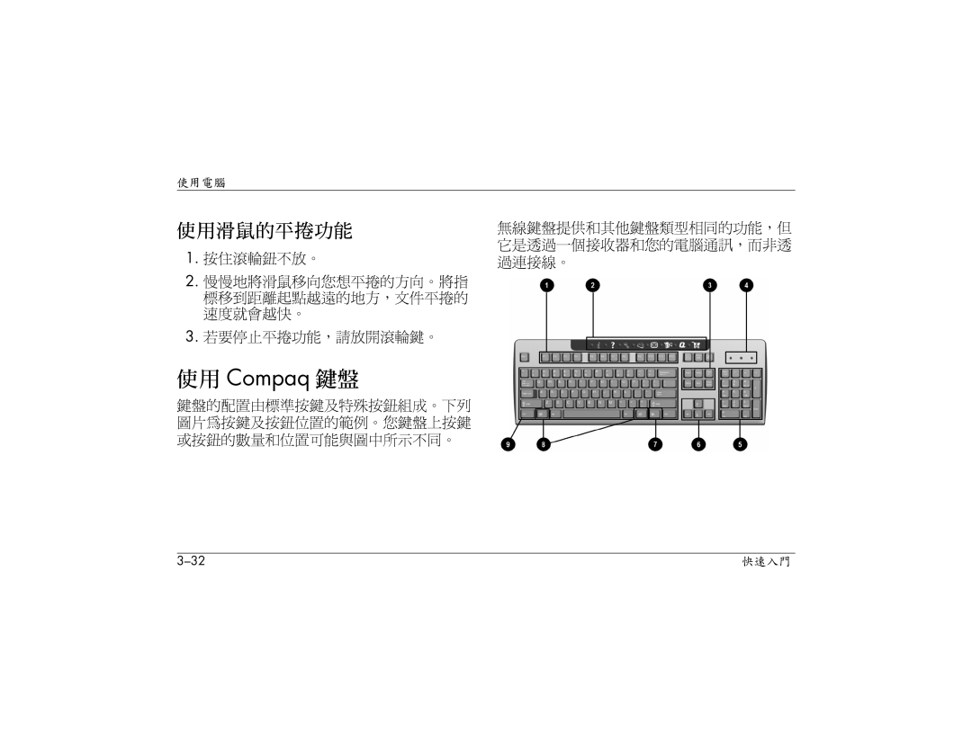 HP S3210AP, S3000AP, S3150AP, S3110AP, S3080AP, S3030AP, S3260AP, S3200AP manual 使用 Compaq 鍵盤, 使用滑鼠的平捲功能 