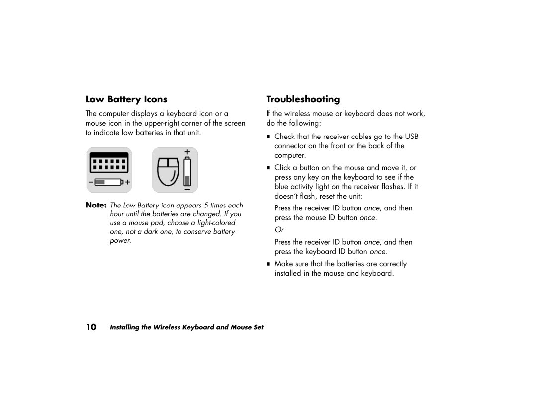 HP S3310OM, S3000NX, S4000NX, S3650LA, S4030LS, S4010LS, S4020LA, S3500CL, S3100NX, S3040SE manual Low Battery Icons Troubleshooting 