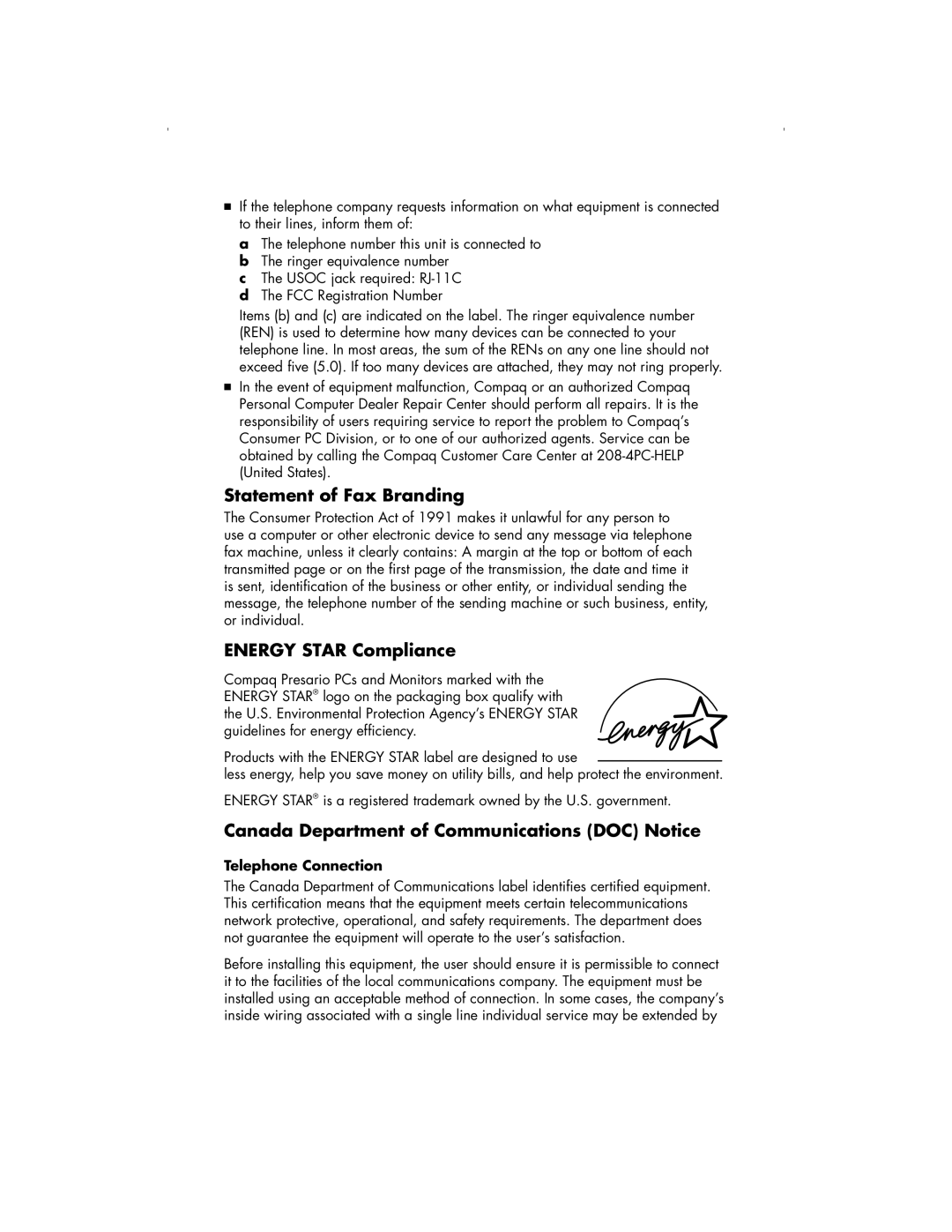 HP S4100NX, S3000NX manual Statement of Fax Branding, Energy Star Compliance, Canada Department of Communications DOC Notice 