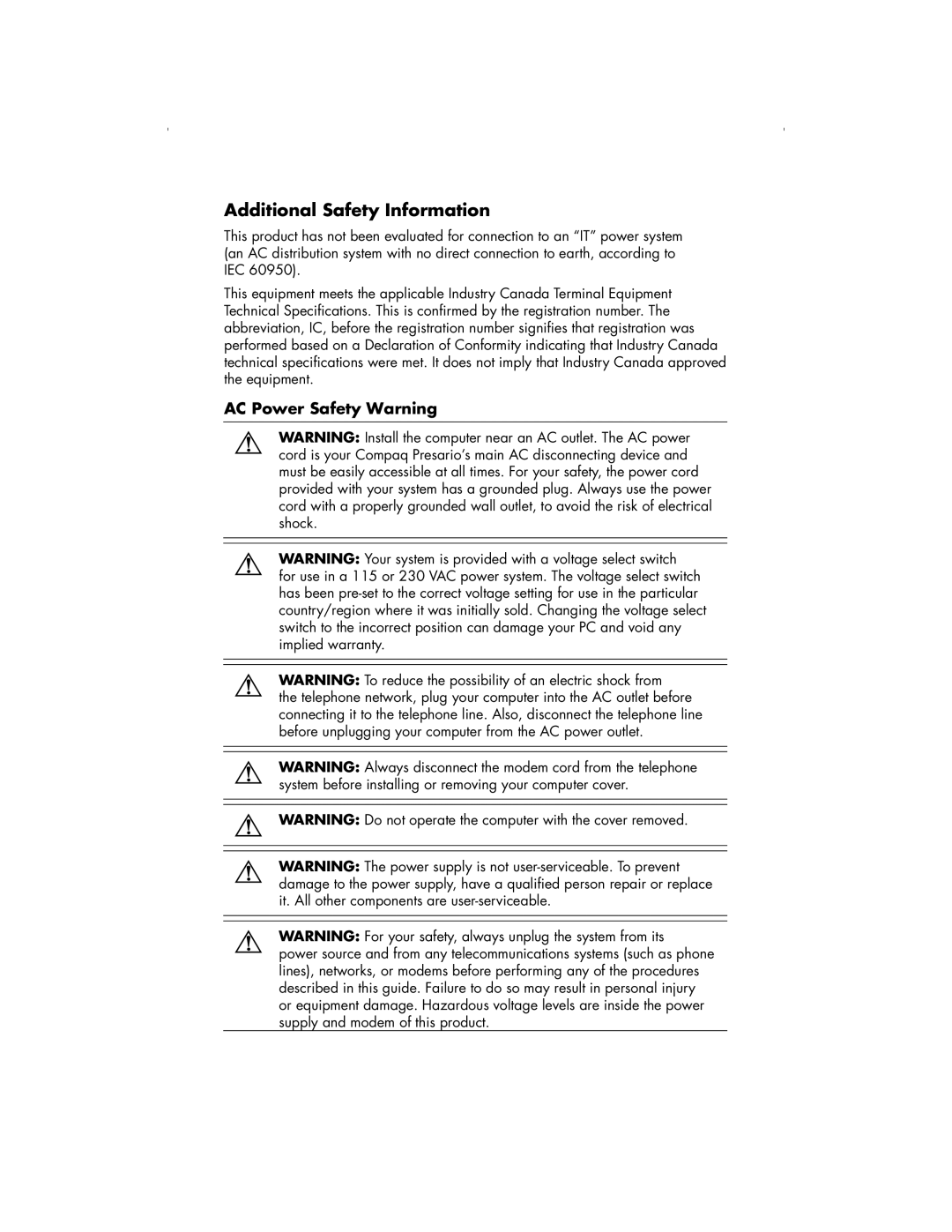 HP S3100NX, S3000NX, S4000NX, S4010CL-B, S4120WM, S4110CL-B, S4040SE Additional Safety Information, AC Power Safety Warning 