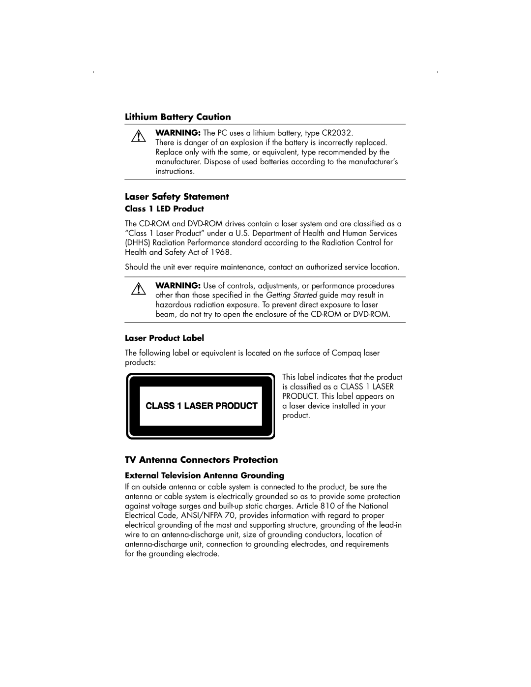 HP S3040SE, S3000NX, S4010CL, S4000NX manual Class 1 LED Product, Laser Product Label, External Television Antenna Grounding 