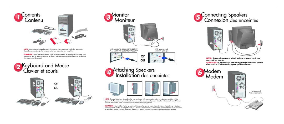 HP S4000NX, S3000NX, S4010CL, S4120WM Contents Monitor Connecting Speakers Contenu Moniteur, Keyboard and Mouse, ModemModem 