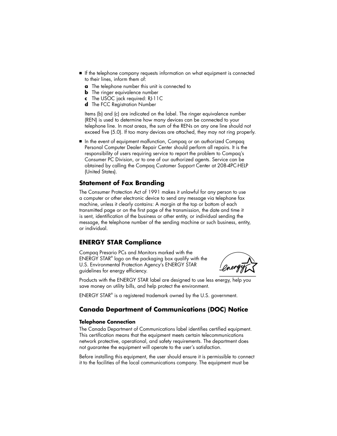 HP S4000J-P8656L manual Statement of Fax Branding, Energy Star Compliance, Canada Department of Communications DOC Notice 