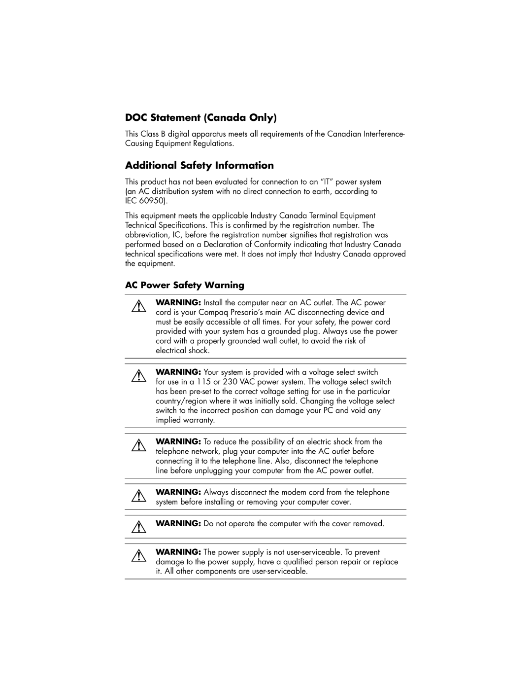 HP S4000Z-P8656H, S3000T-P8654W, S3000T-P8654U, S3000V-P8654S manual DOC Statement Canada Only, Additional Safety Information 