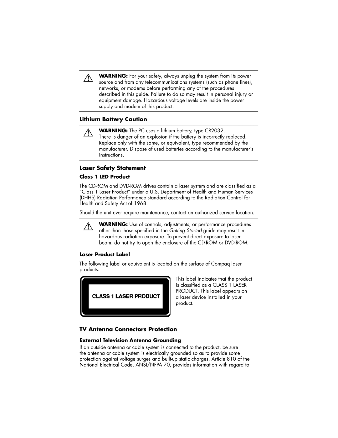 HP S4000Z-P8655Z, S3000T-P8654W manual Class 1 LED Product, Laser Product Label, External Television Antenna Grounding 