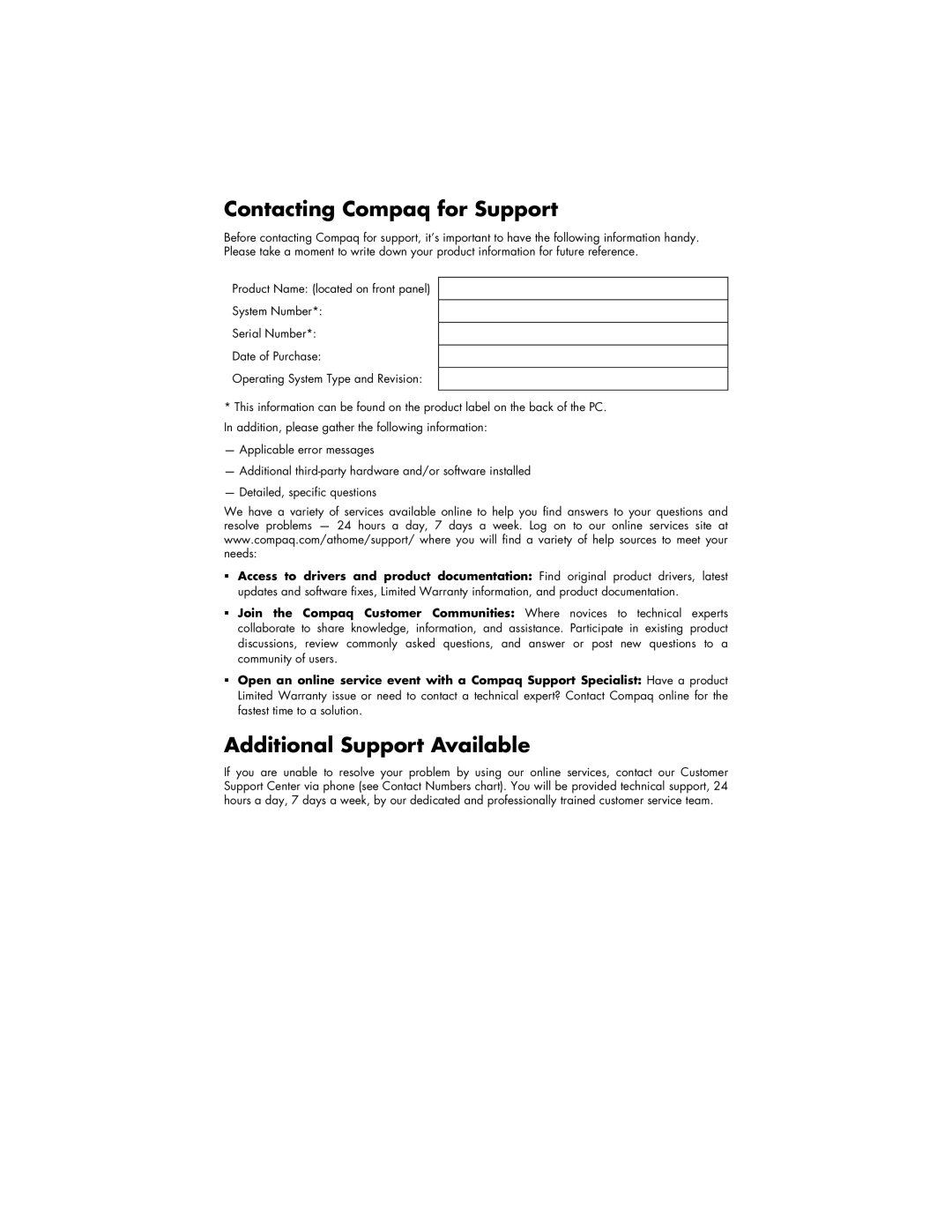 HP S3000V-P8655L, S3000T-P8654W, S3000T-P8654U, S3000V-P8654S Contacting Compaq for Support, Additional Support Available 