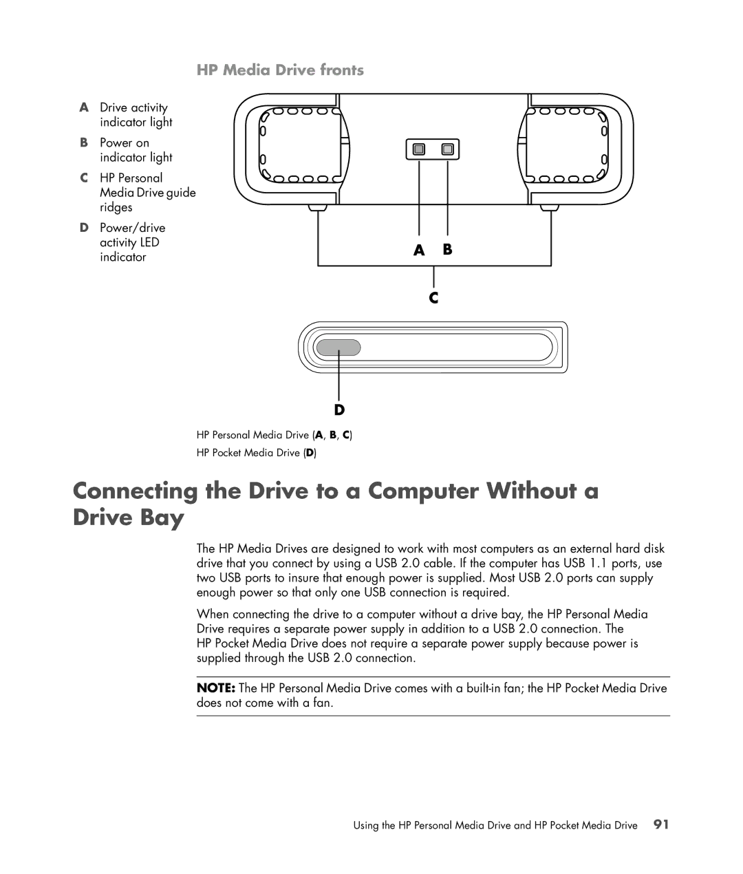 HP s3650f manual Connecting the Drive to a Computer Without a Drive Bay, HP Media Drive fronts 