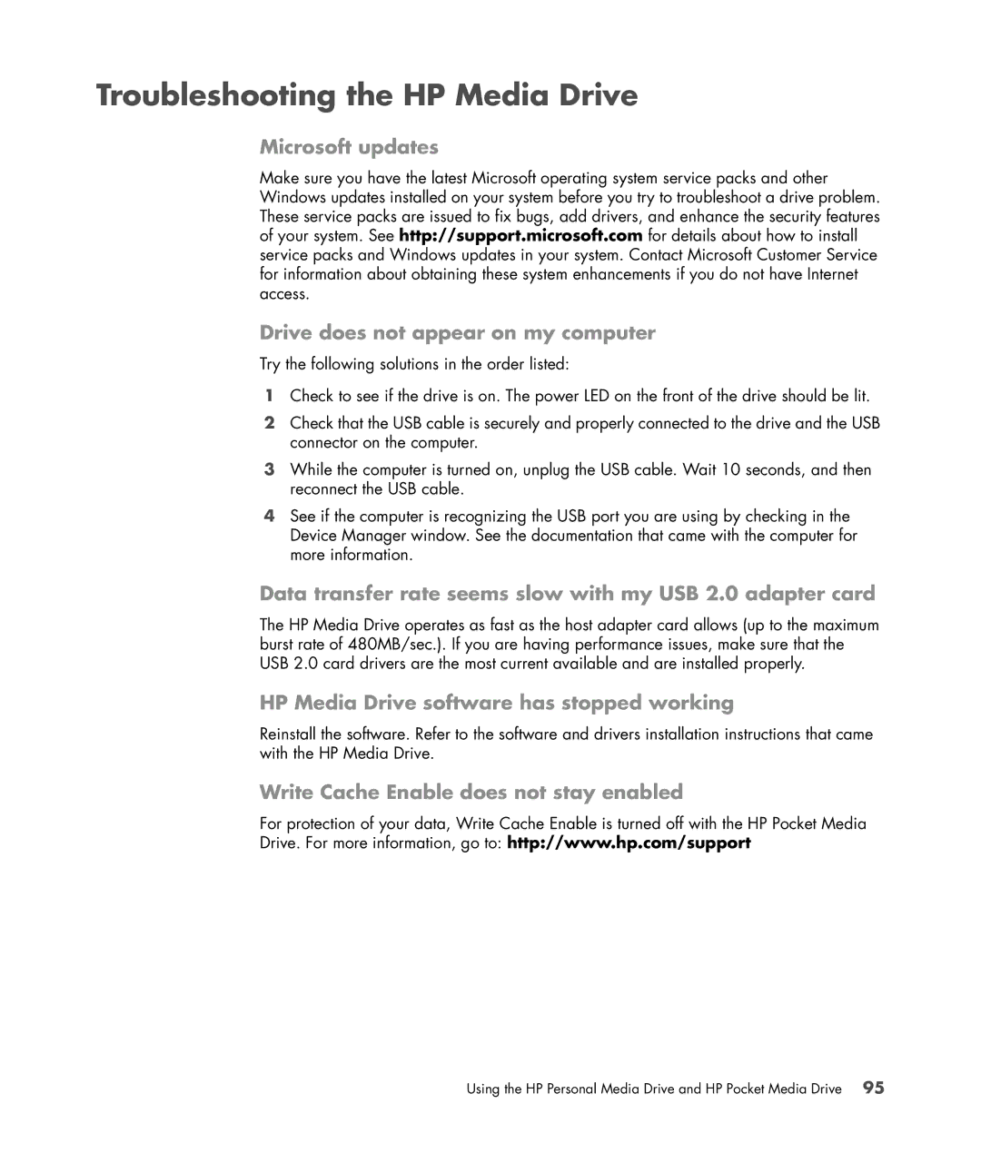 HP s3650f manual Troubleshooting the HP Media Drive, Microsoft updates Drive does not appear on my computer 