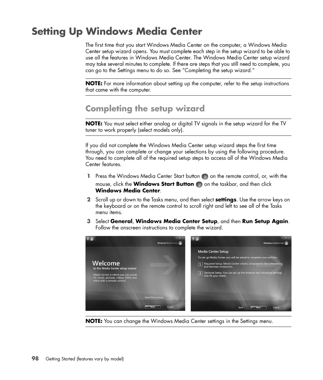 HP s3650f manual Setting Up Windows Media Center, Completing the setup wizard 