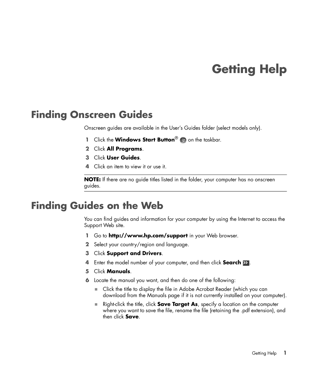 HP s3650f manual Getting Help, Finding Onscreen Guides, Finding Guides on the Web, Click All Programs Click User Guides 