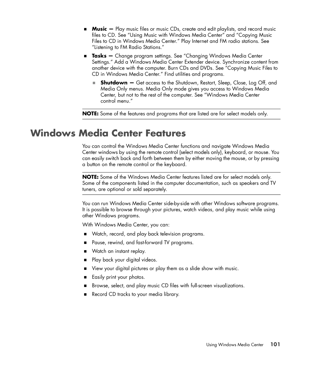 HP s3650f manual Windows Media Center Features 