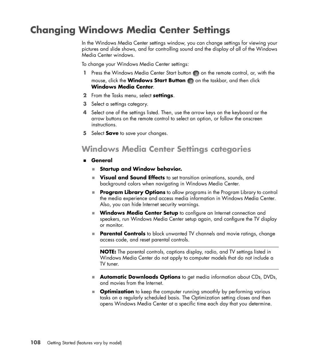 HP s3650f manual Changing Windows Media Center Settings, Windows Media Center Settings categories 