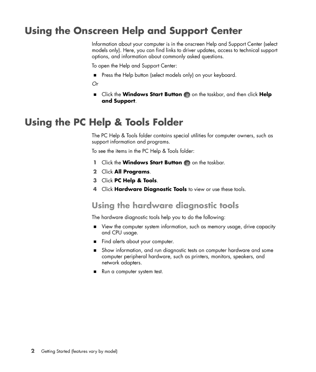 HP s3650f manual Using the Onscreen Help and Support Center, Using the PC Help & Tools Folder 