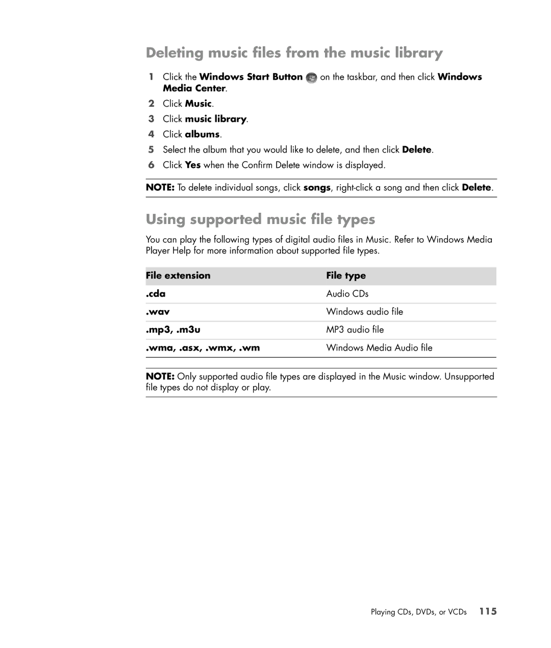 HP s3650f manual Deleting music files from the music library, Using supported music file types 