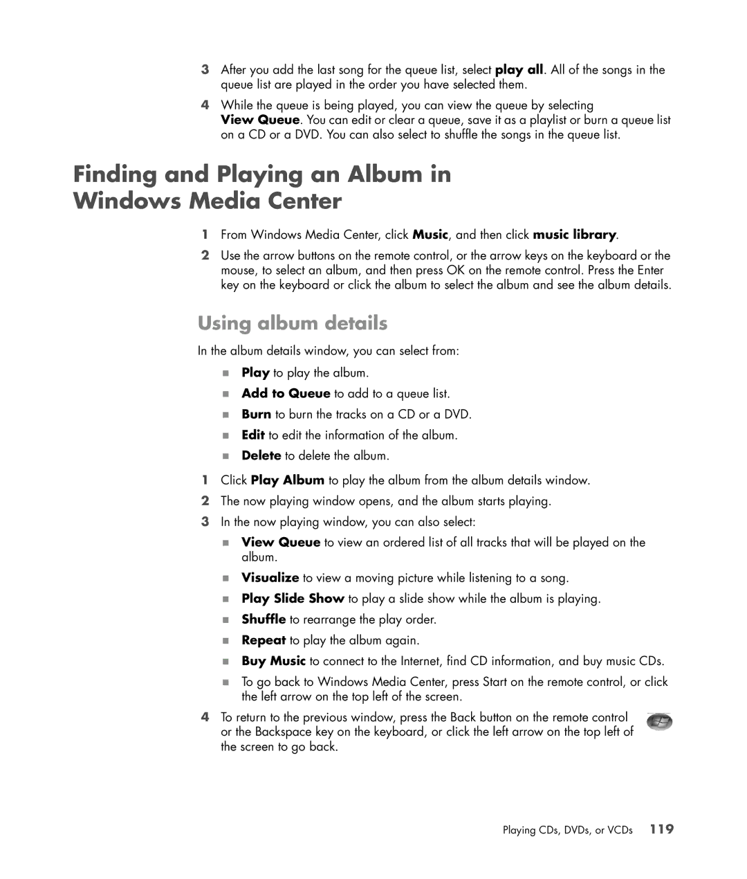 HP s3650f manual Finding and Playing an Album Windows Media Center, Using album details 