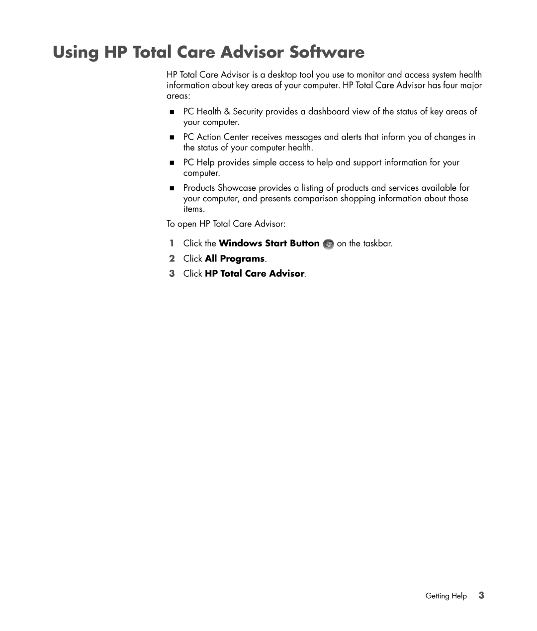 HP s3650f manual Using HP Total Care Advisor Software, Click All Programs Click HP Total Care Advisor 