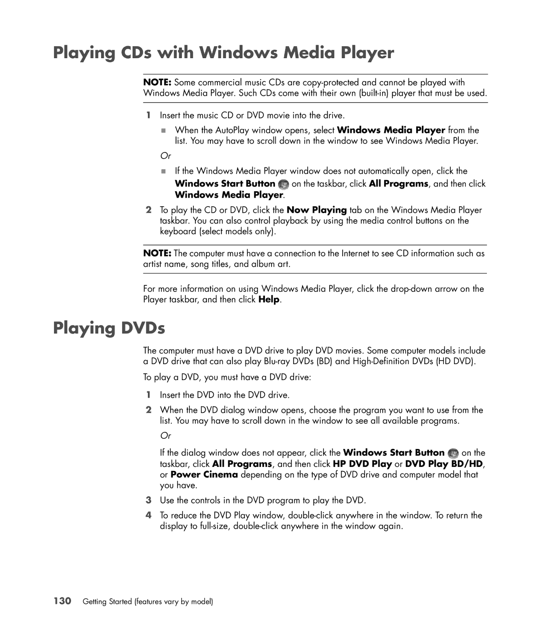 HP s3650f manual Playing CDs with Windows Media Player, Playing DVDs 