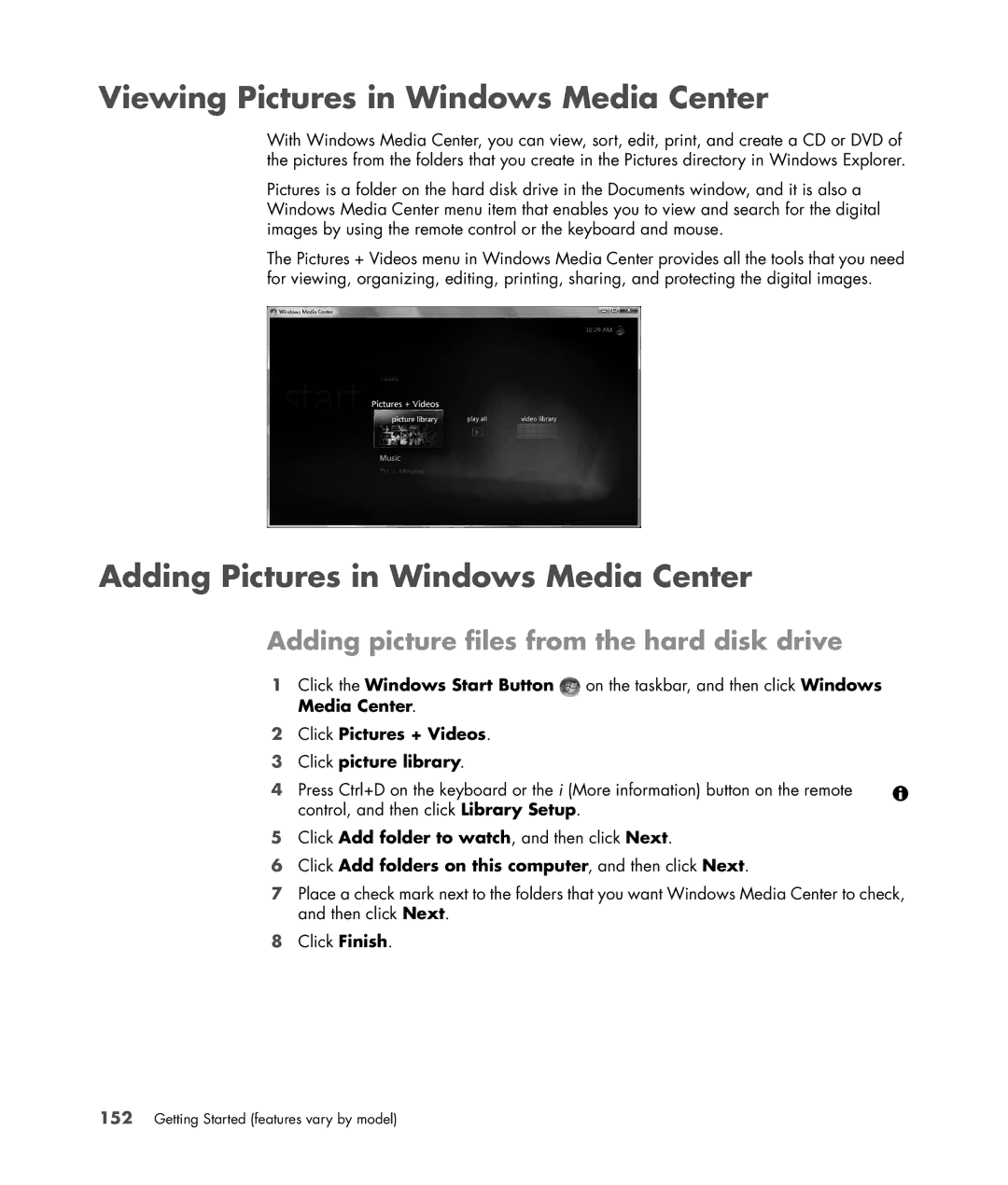 HP s3650f manual Viewing Pictures in Windows Media Center, Adding Pictures in Windows Media Center 