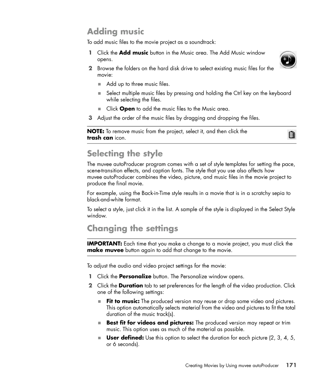 HP s3650f manual Adding music, Selecting the style, Changing the settings 