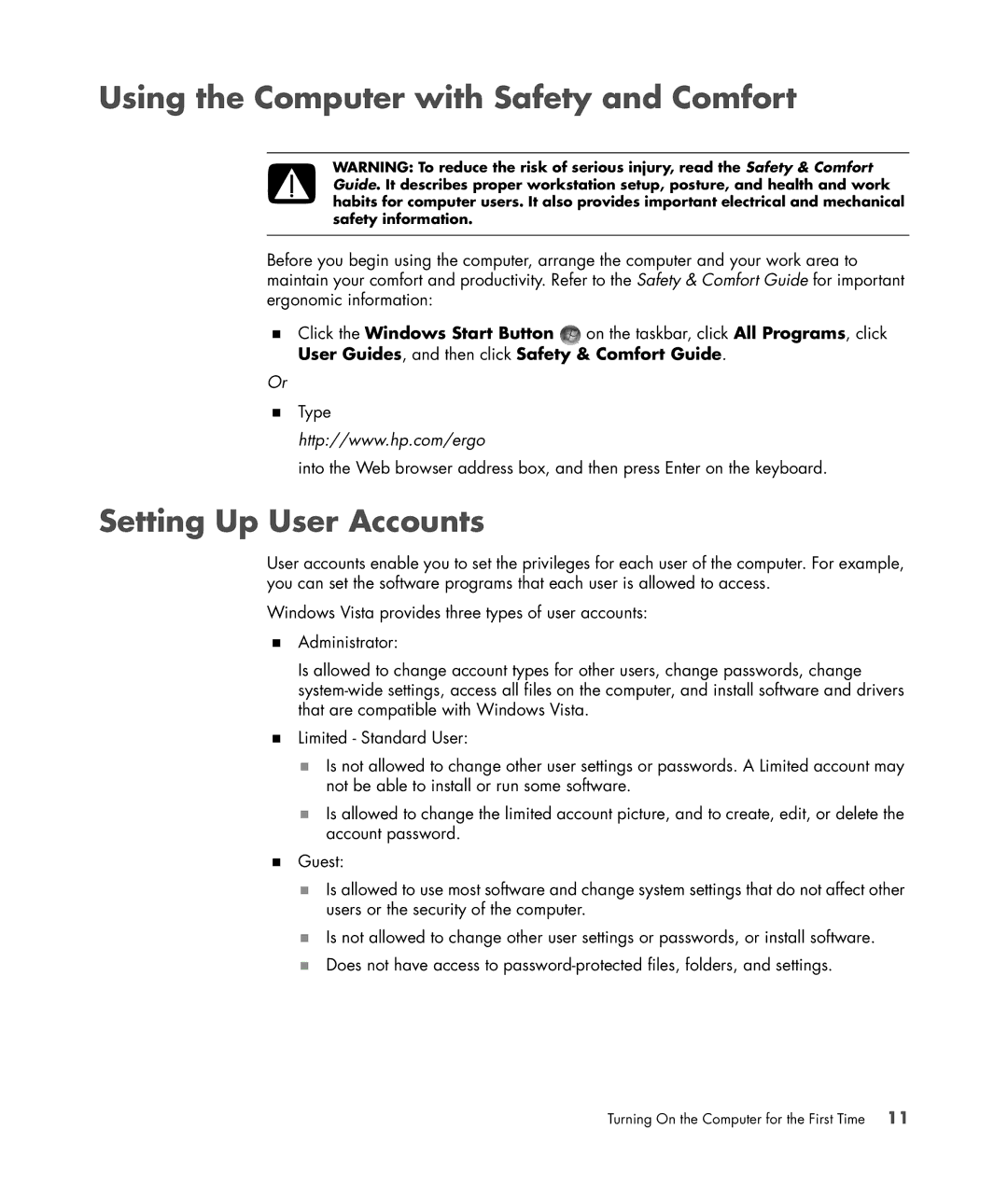 HP s3650f manual Using the Computer with Safety and Comfort, Setting Up User Accounts 