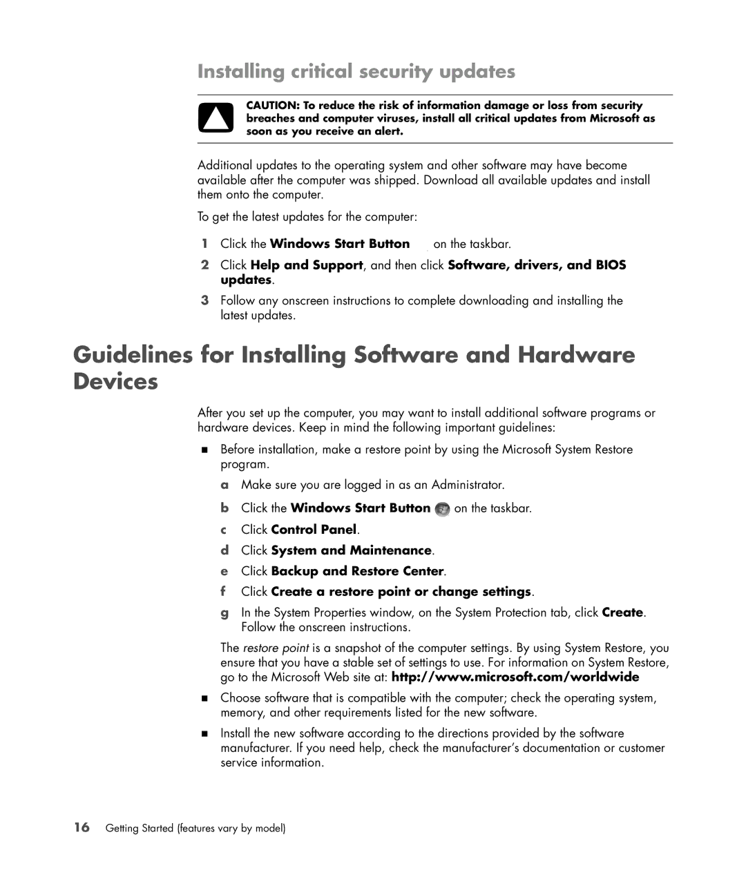 HP s3650f manual Guidelines for Installing Software and Hardware Devices, Installing critical security updates 