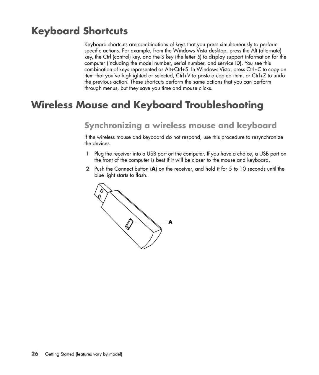 HP s3650f Keyboard Shortcuts, Wireless Mouse and Keyboard Troubleshooting, Synchronizing a wireless mouse and keyboard 