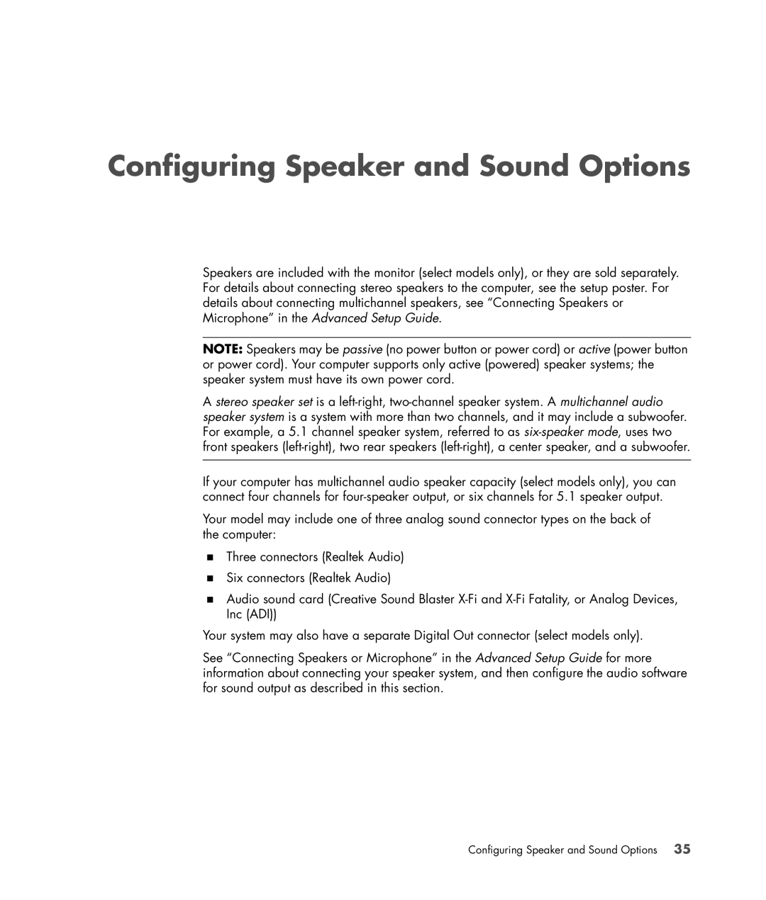 HP s3650f manual Configuring Speaker and Sound Options 