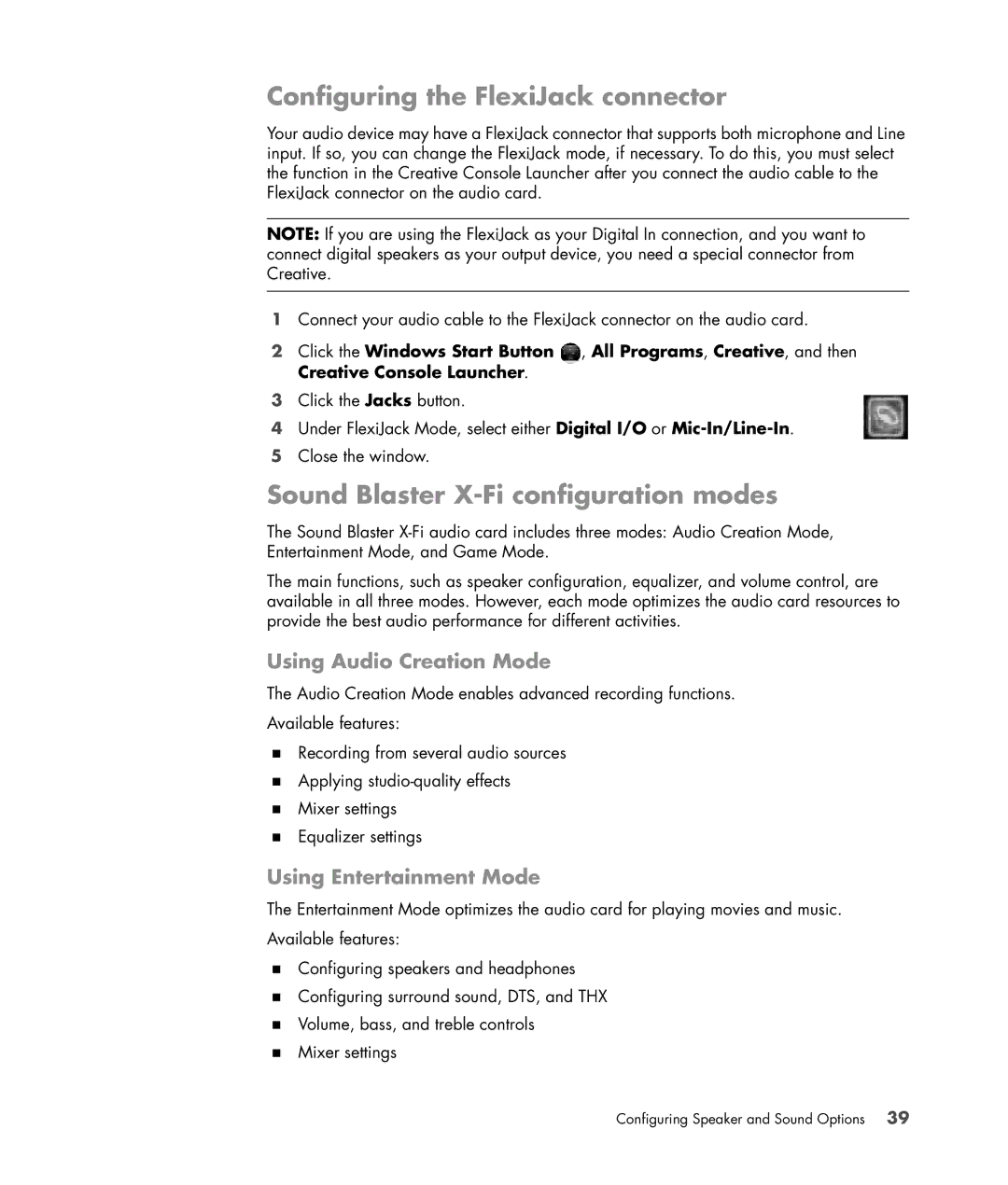 HP s3650f manual Configuring the FlexiJack connector, Sound Blaster X-Fi configuration modes, Using Audio Creation Mode 