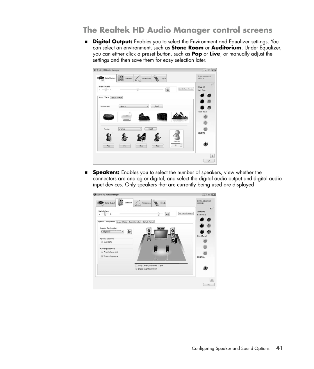 HP s3650f manual Realtek HD Audio Manager control screens 