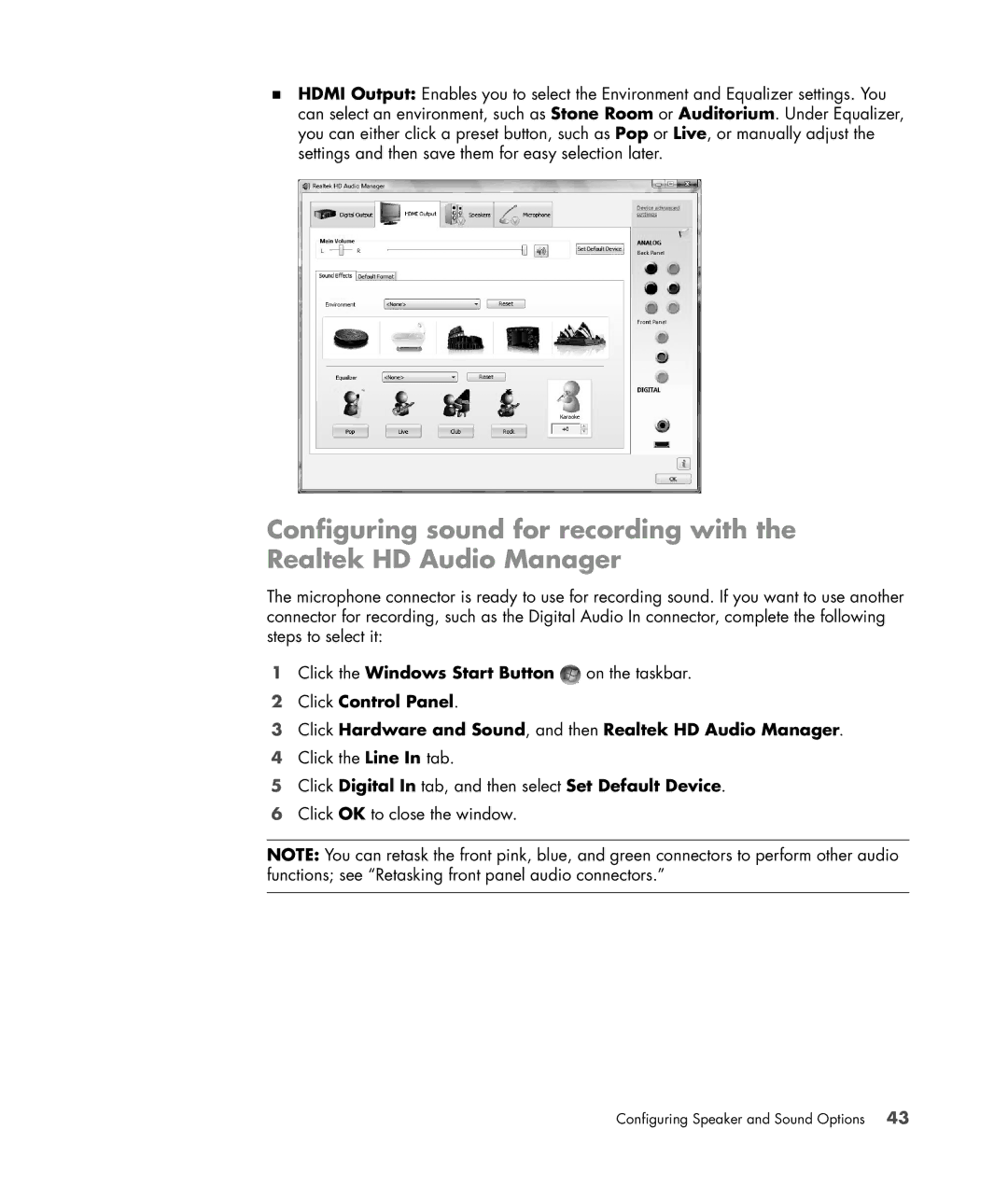 HP s3650f manual Click Digital In tab, and then select Set Default Device 