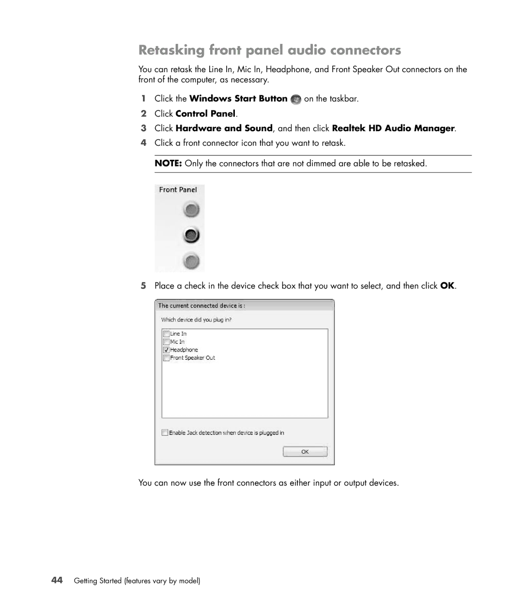 HP s3650f manual Retasking front panel audio connectors 