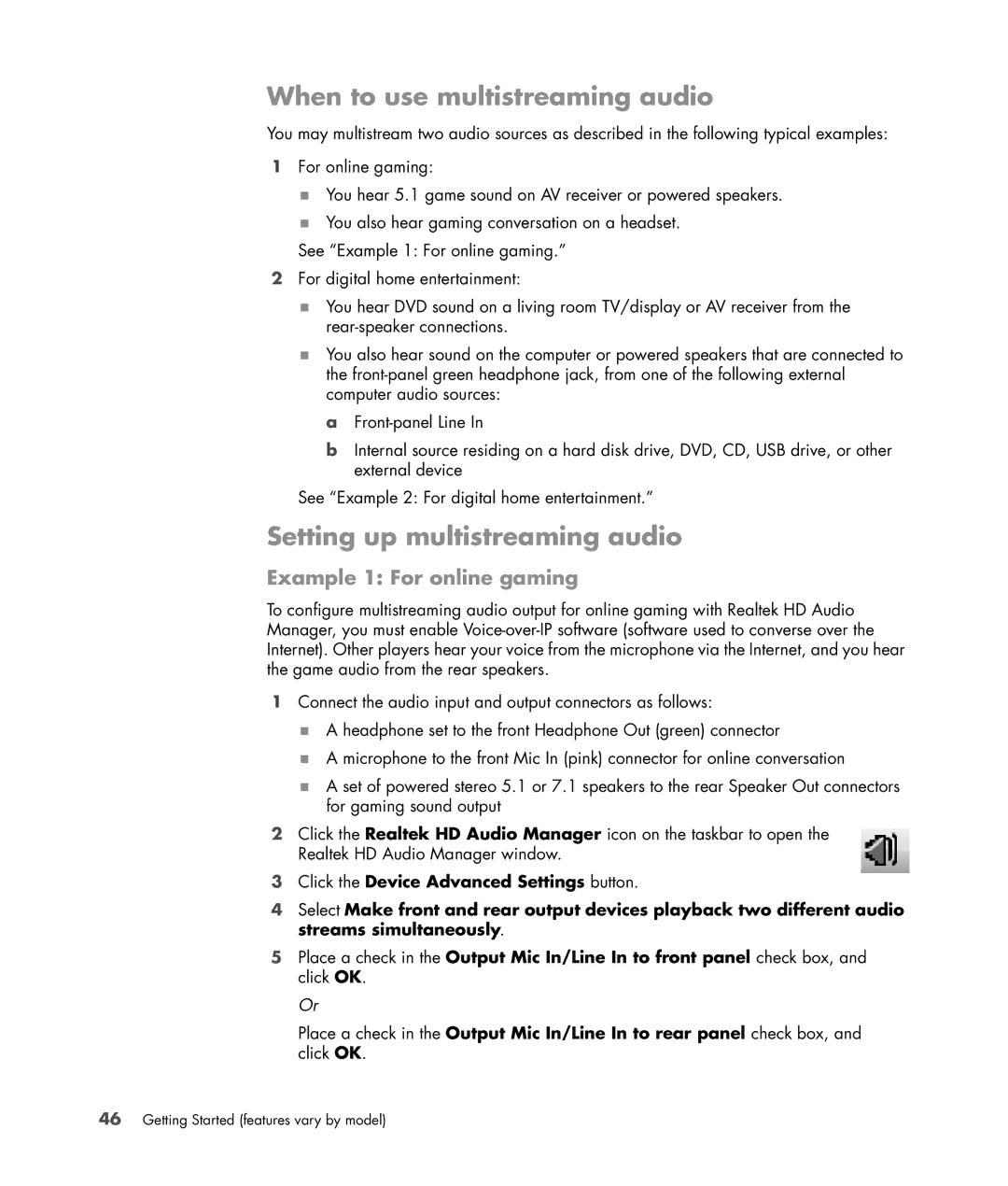 HP s3650f manual When to use multistreaming audio, Setting up multistreaming audio, Example 1 For online gaming 