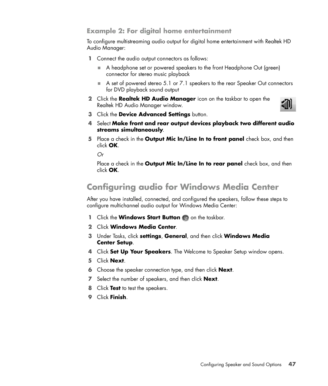 HP s3650f Configuring audio for Windows Media Center, Example 2 For digital home entertainment, Click Windows Media Center 