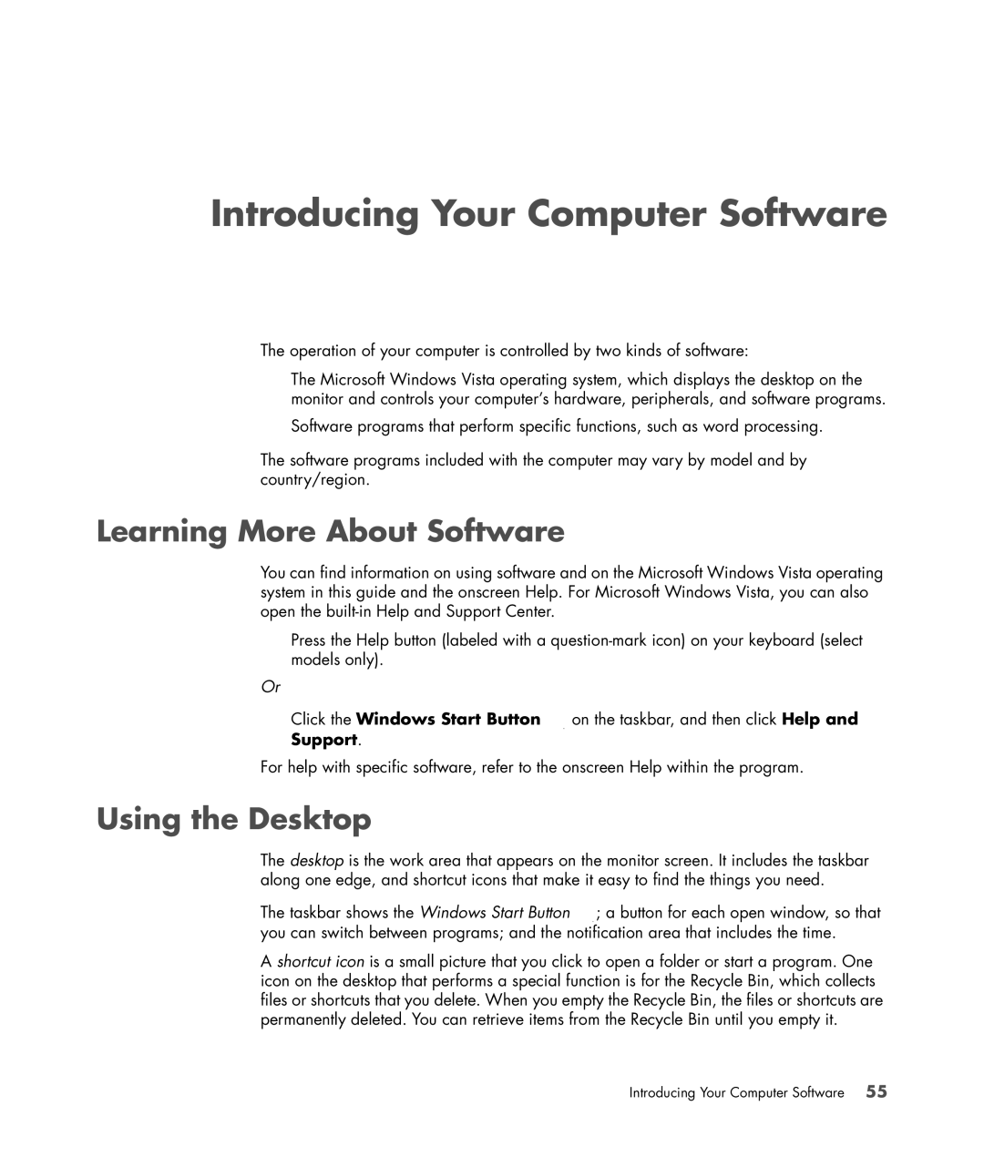 HP s3650f manual Introducing Your Computer Software, Learning More About Software, Using the Desktop 