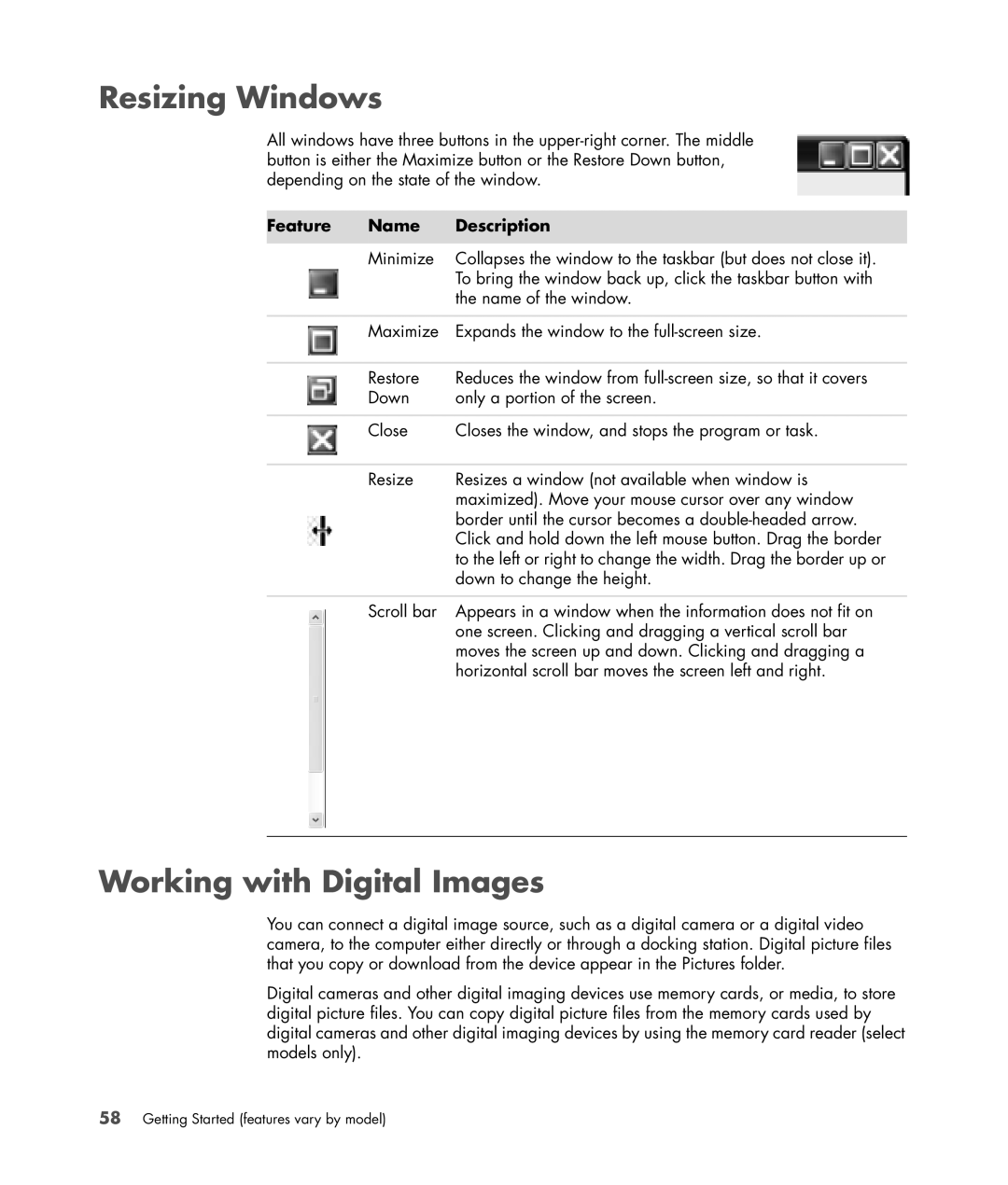 HP s3650f manual Resizing Windows, Working with Digital Images, Feature Name Description 